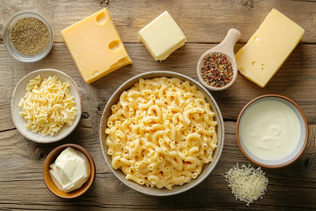 Ingredients for Tini's mac and cheese recipe on a rustic wooden table