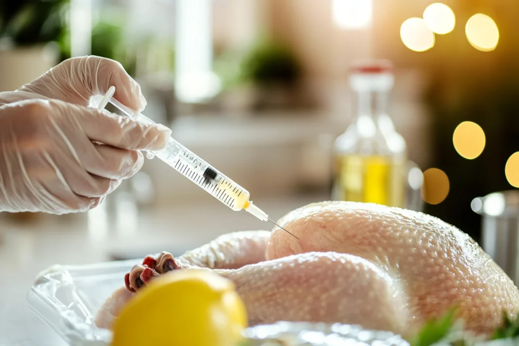 Turkey Injection Recipe process with syringe and raw turkey