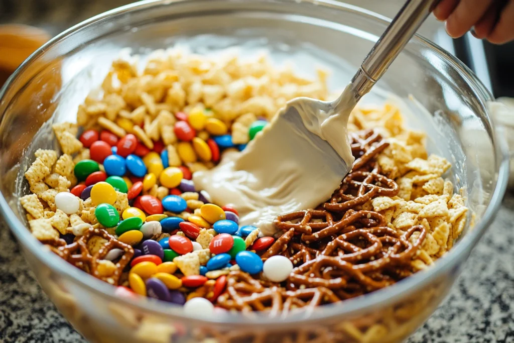 Mixing White Trash Recipe ingredients in a bowl with white chocolate.