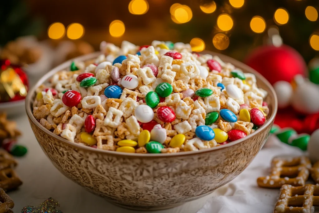 White Trash Recipe snack mix served in a festive bowl.