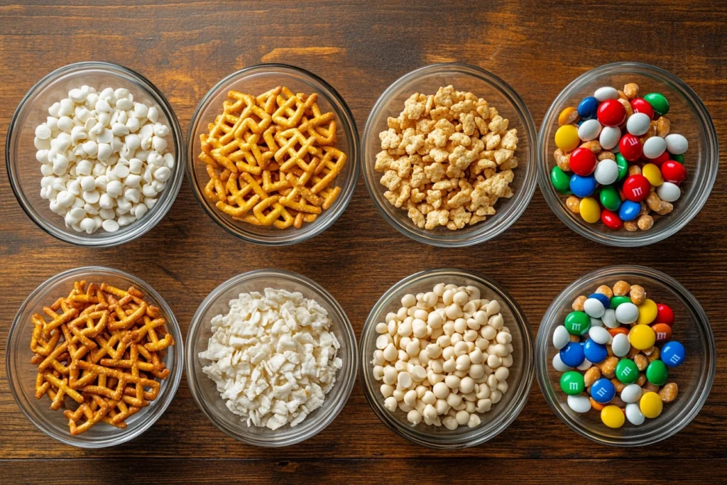 Ingredients for White Trash Recipe arranged in bowls.