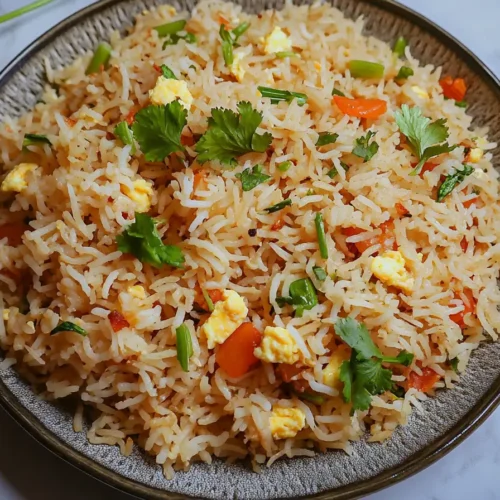 Anjappar Egg Fried Rice Recipe with scrambled eggs, vegetables, and fresh coriander.