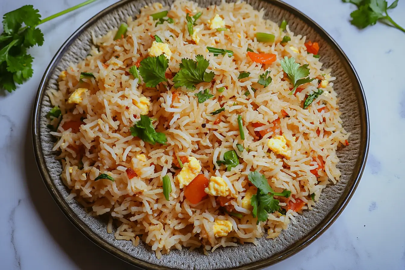 Anjappar Egg Fried Rice Recipe with scrambled eggs, vegetables, and fresh coriander.