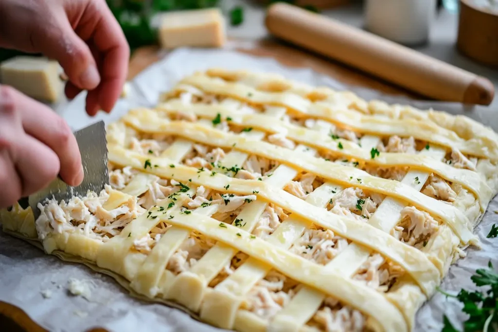 Chicken and cheese jalousie recipe in progress with puff pastry lattice being placed over shredded chicken filling.