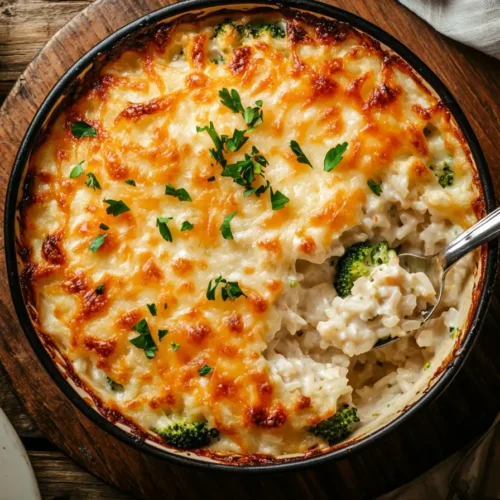 Baked Chicken Broccoli Rice Casserole with golden cheese topping.