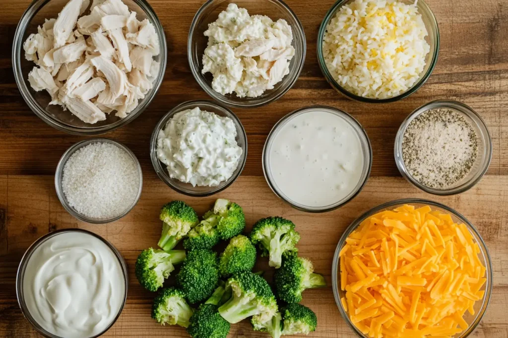 Chicken Broccoli Rice Casserole ingredients in bowls on a wooden board.