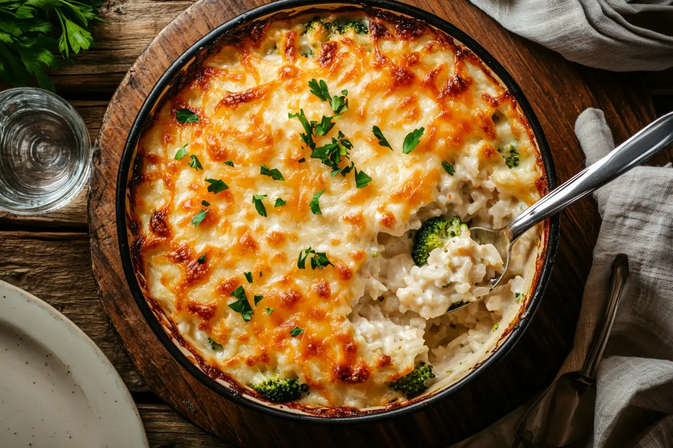 Baked Chicken Broccoli Rice Casserole with golden cheese topping.