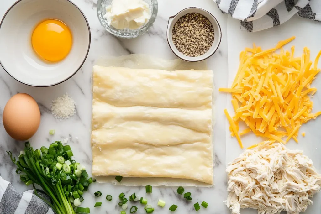 Key ingredients for a chicken and cheese jalousie recipe, including puff pastry, cheese, and shredded chicken.