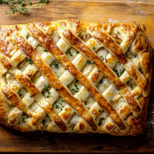 Golden brown chicken and cheese jalousie recipe fresh out of the oven with flaky lattice crust.