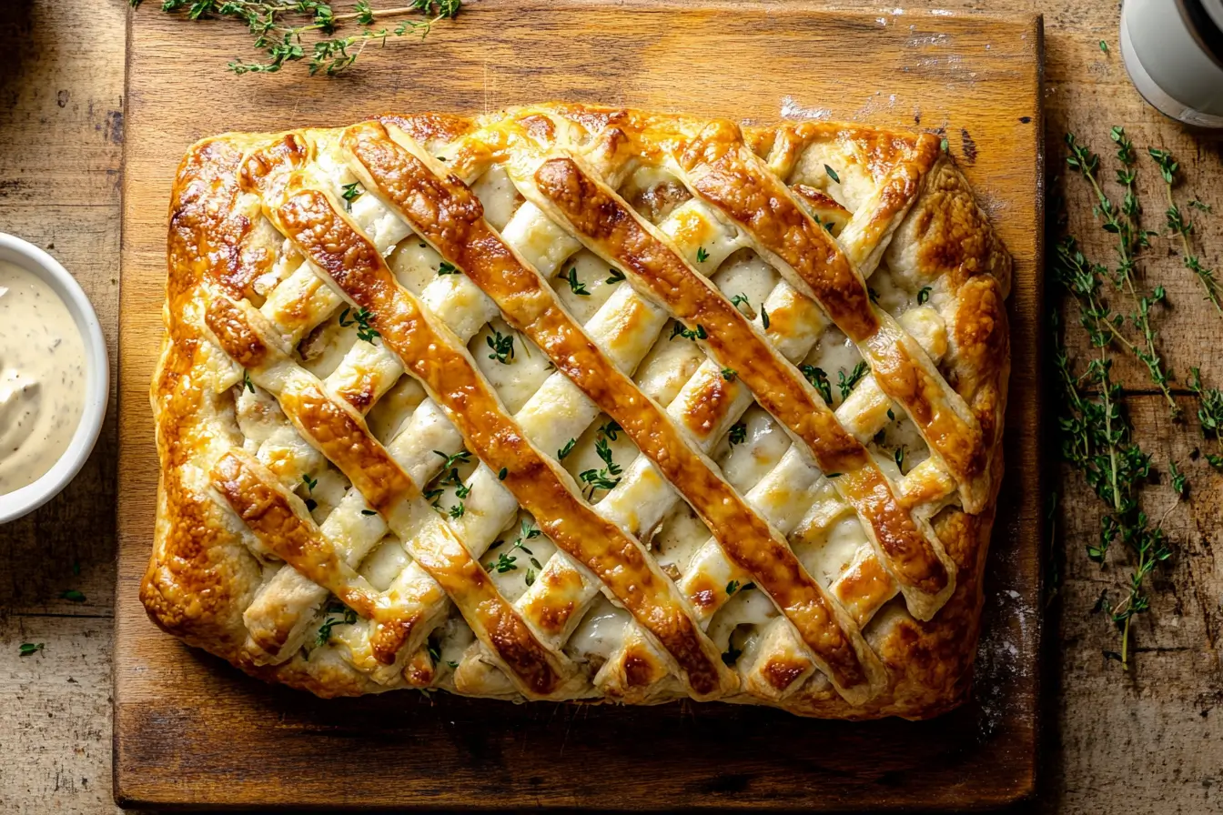 Golden brown chicken and cheese jalousie recipe fresh out of the oven with flaky lattice crust.