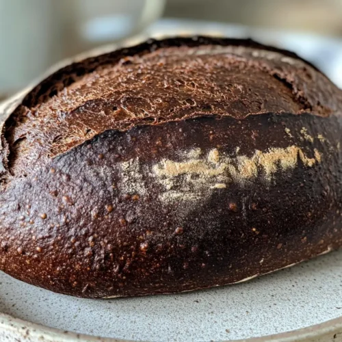 Chocolate Sourdough Bread with a dark crust on a plate.