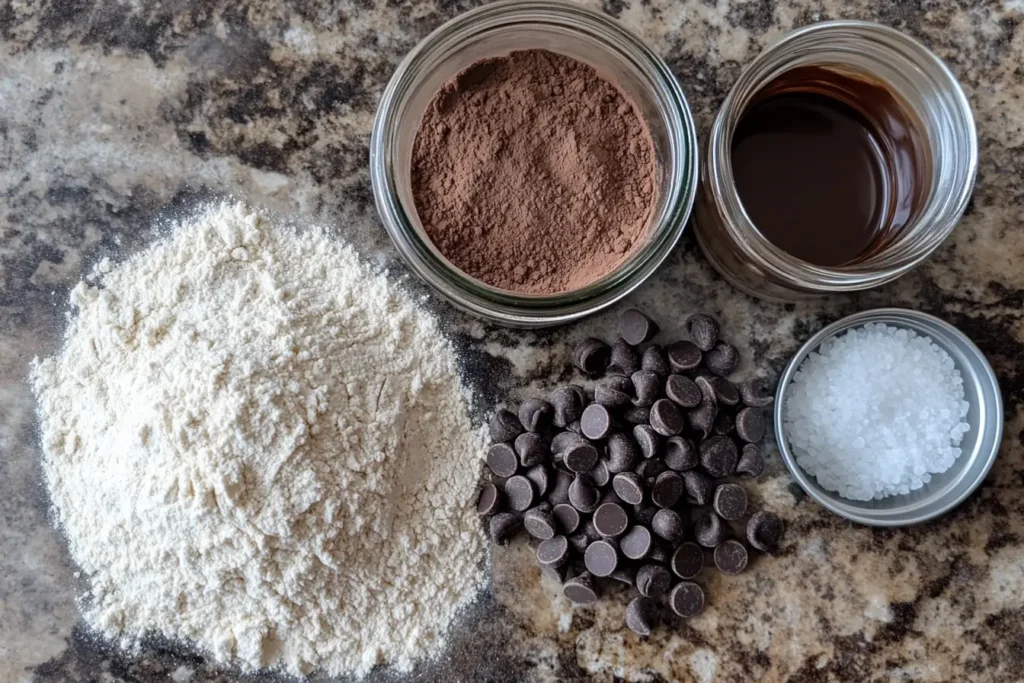 Ingredients for Chocolate Sourdough Bread on a marble countertop.