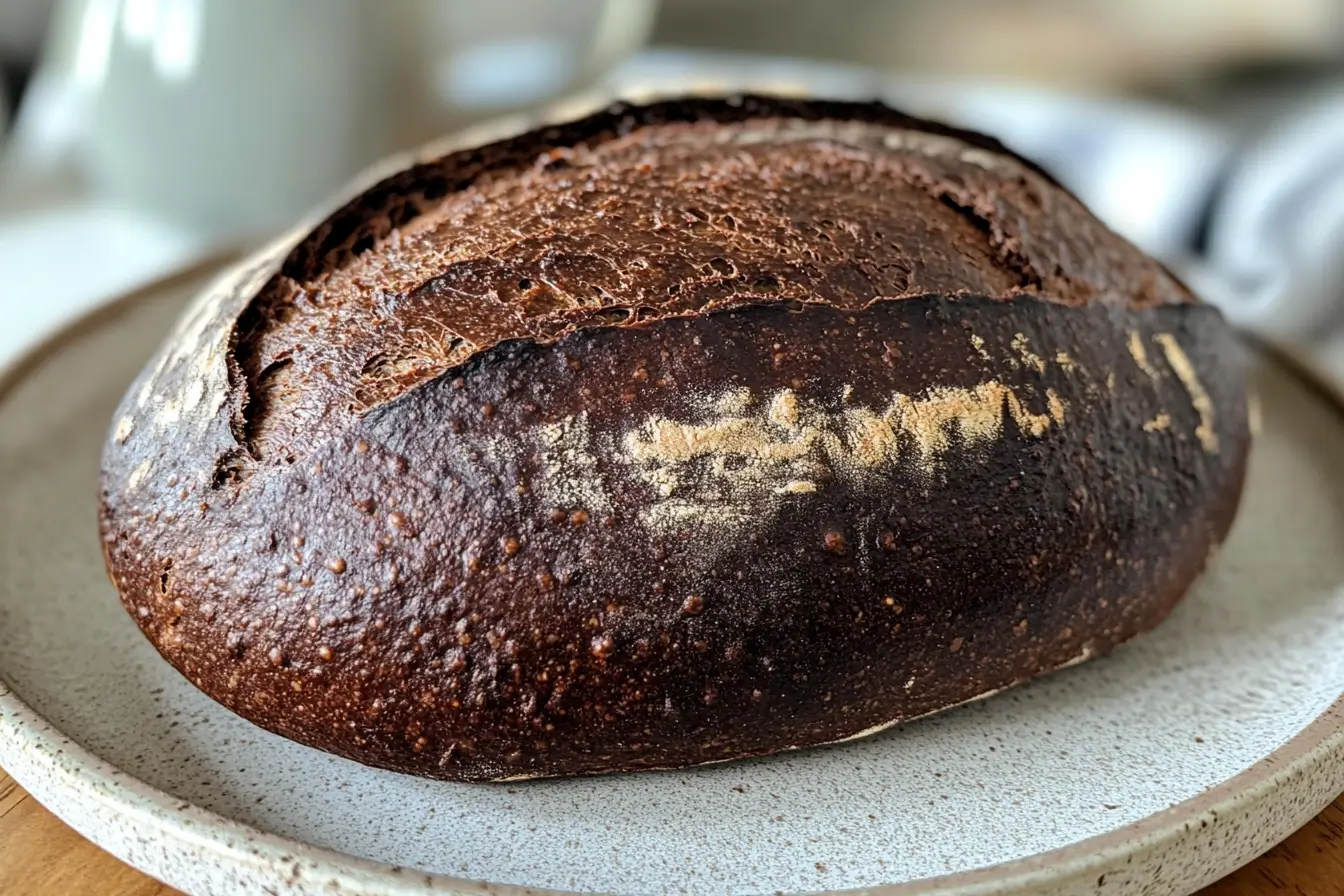 Chocolate Sourdough Bread with a dark crust on a plate.