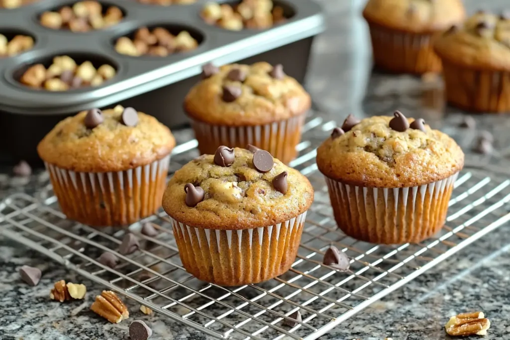 Gluten free banana muffins cooling on a rack