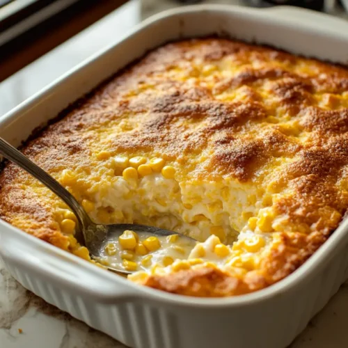 Freshly baked Corn Bread Pudding with a golden-brown crust and creamy interior, served in a white baking dish.