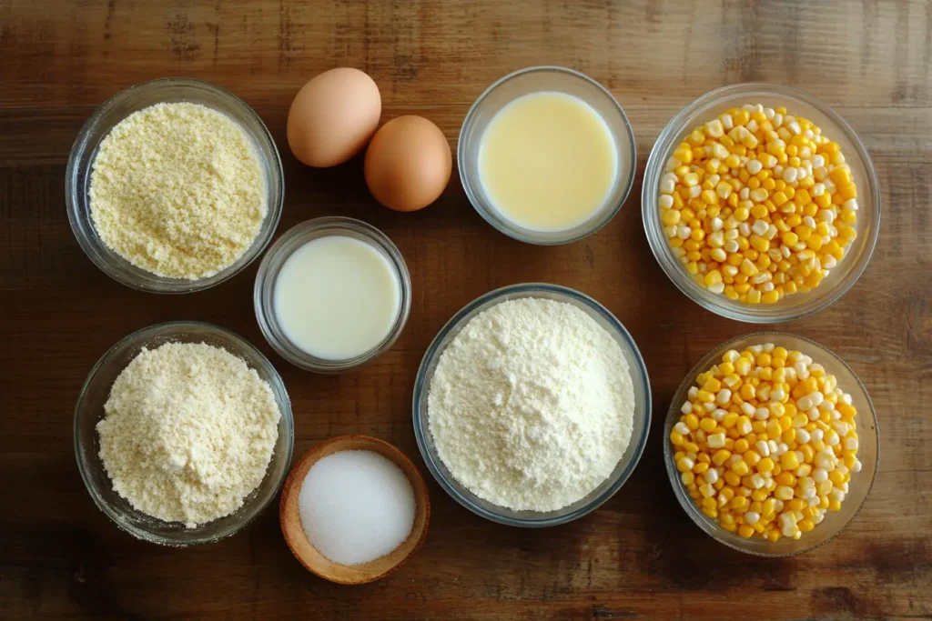 Ingredients for Corn Bread Pudding, including cornmeal, eggs, milk, sugar, and corn kernels.