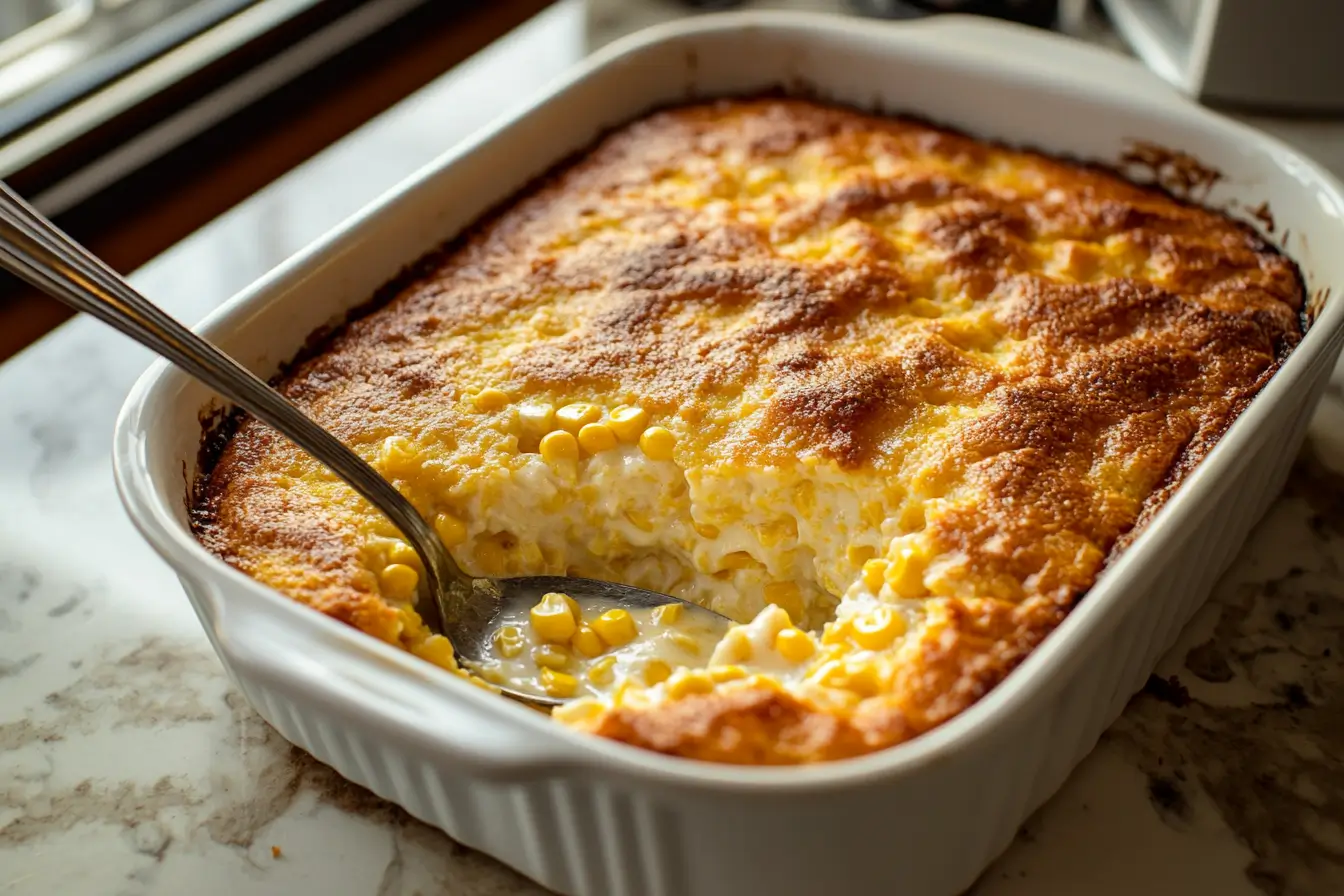 Freshly baked Corn Bread Pudding with a golden-brown crust and creamy interior, served in a white baking dish.