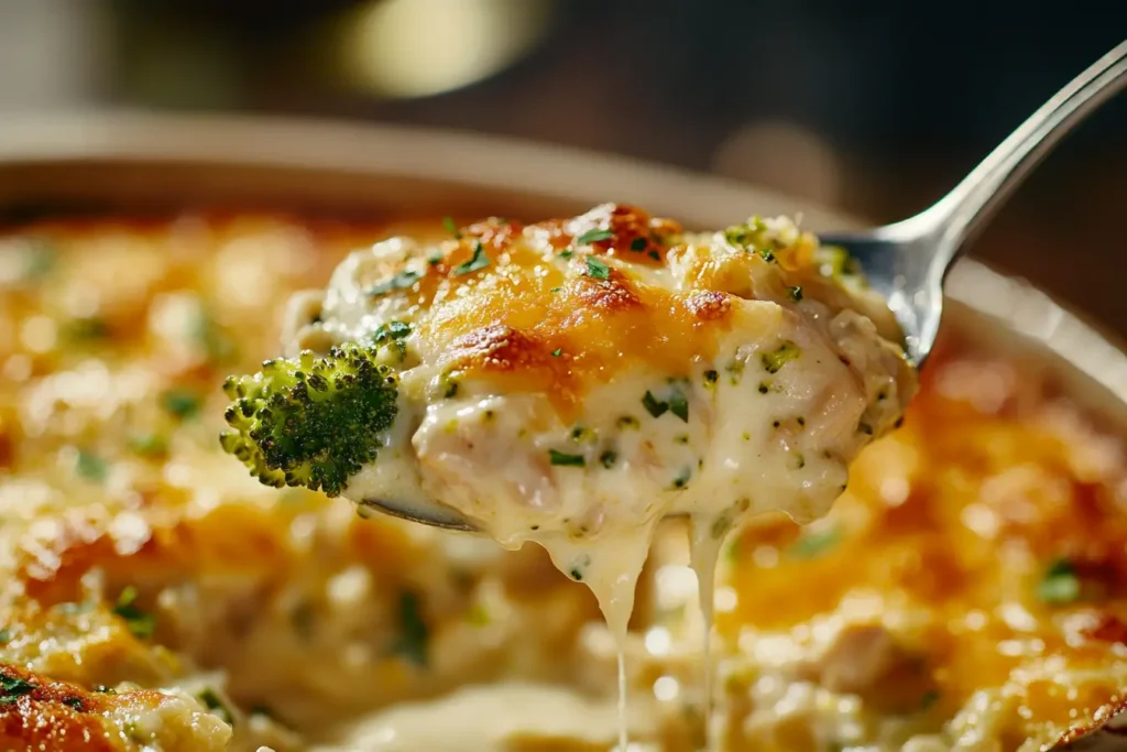 A spoonful of Chicken Broccoli Rice Casserole with cheese and broccoli.