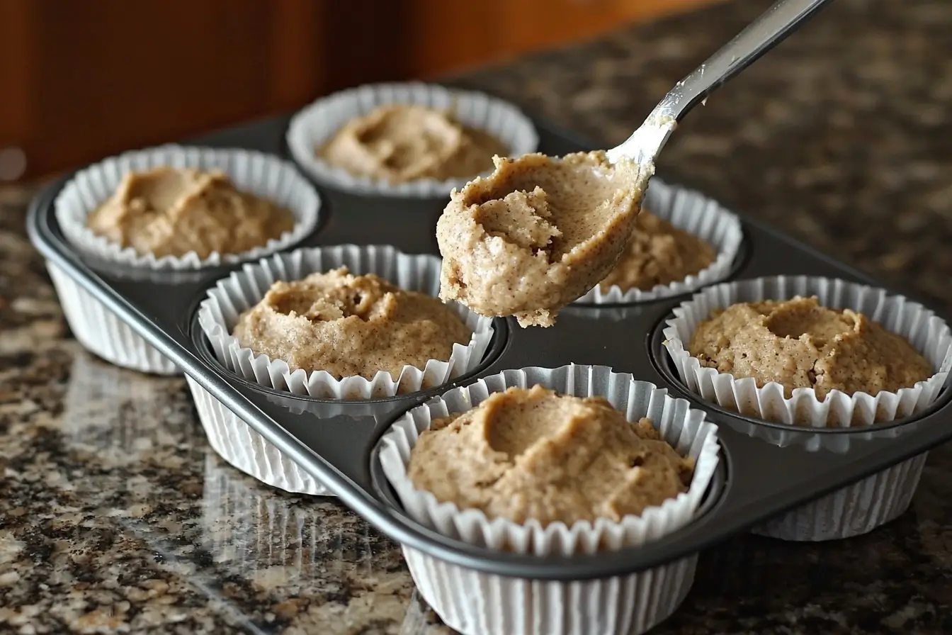 Filling muffin cups with almond flour banana batter