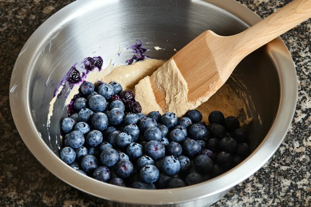 Folding blueberries into sourdough muffin batter