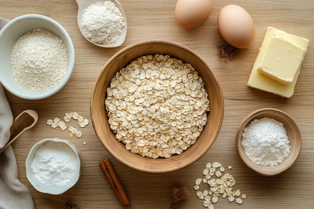 Oatmeal Cake Recipe – Ingredients laid out on a wooden surface