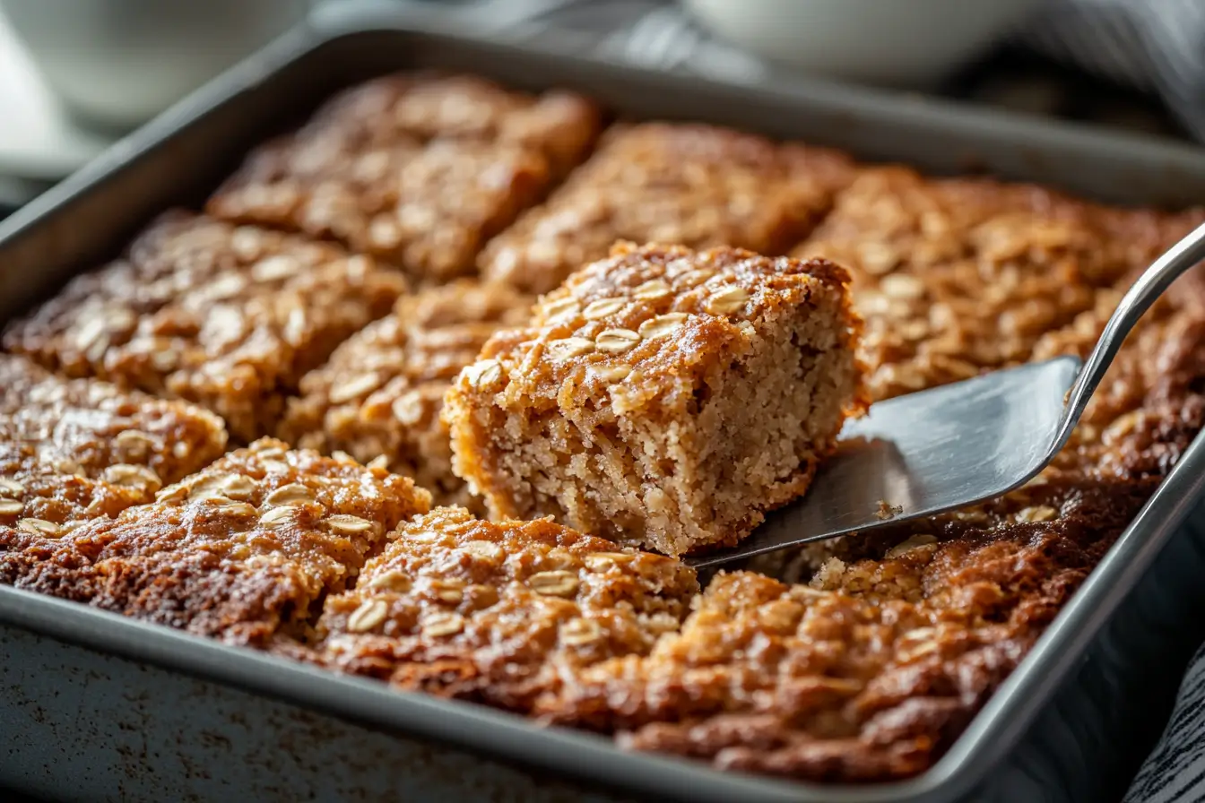 Oatmeal Cake Recipe – Freshly baked cake cut into squares