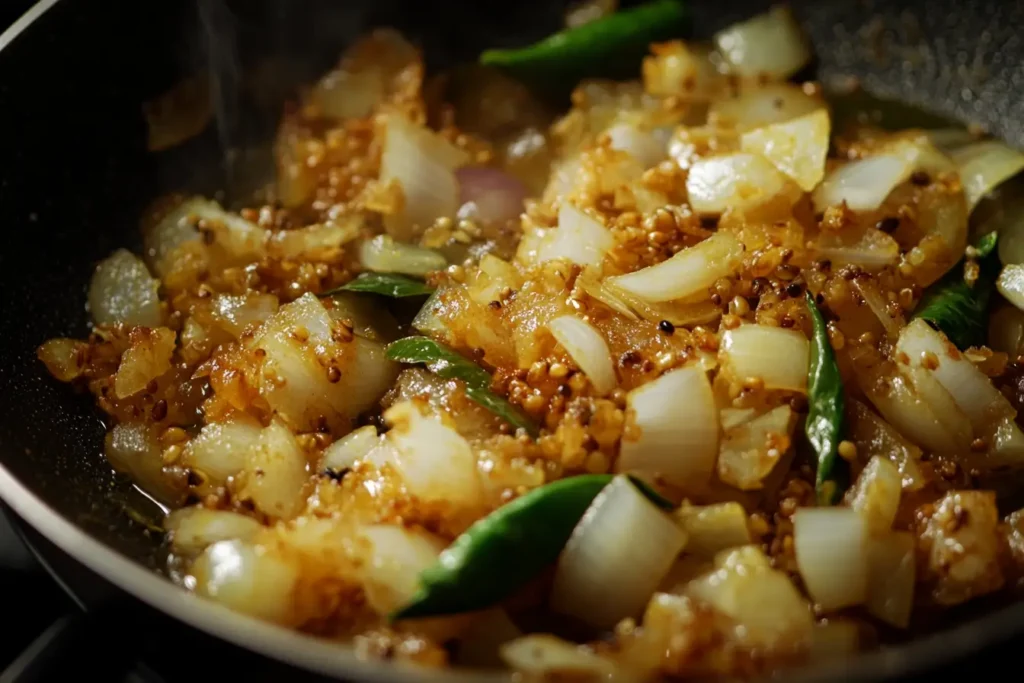 Preparing Anjappar Egg Fried Rice Recipe with sautéed onions, green chilies, and spices.