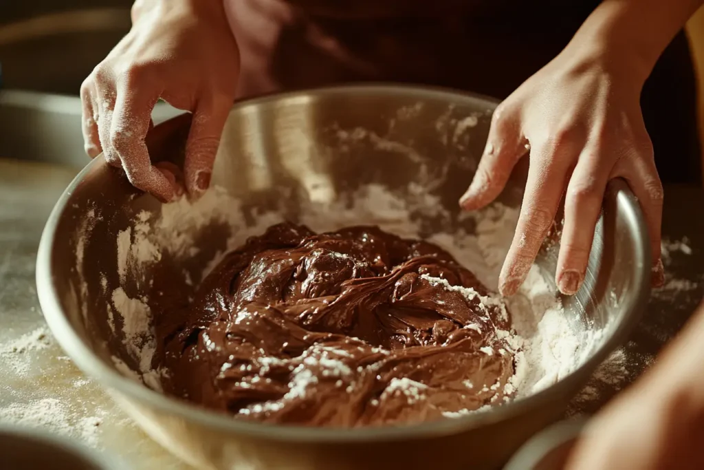 Hands mixing Chocolate Sourdough Bread dough in a metal bowl.