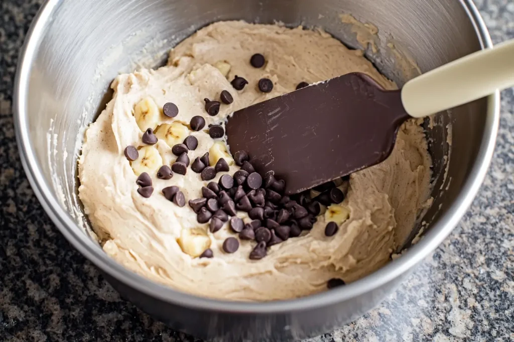 Mixing chocolate chips in gluten free banana muffin batter