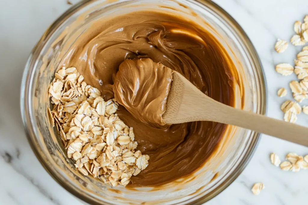 Mixing peanut butter oatmeal balls ingredients in a bowl