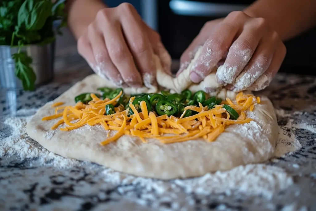 Preparing Vegan Jalapeno Cheese Artisan Bread Recipe with fresh jalapeños and vegan cheese.