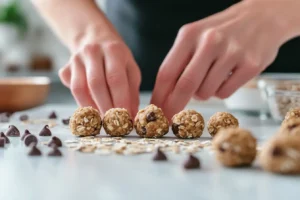 Rolling peanut butter oatmeal balls by hand