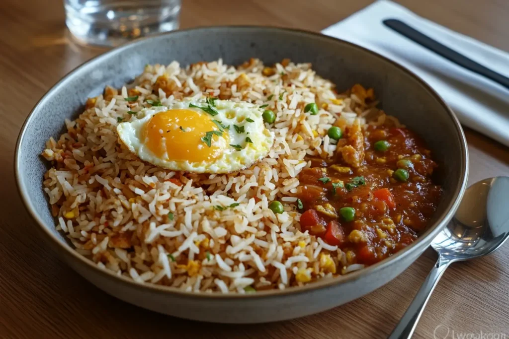 Anjappar Egg Fried Rice Recipe served with a side of curry and a fried egg.