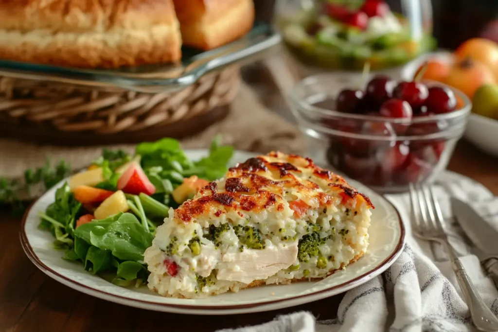 A slice of Chicken Broccoli Rice Casserole served with a fresh salad.