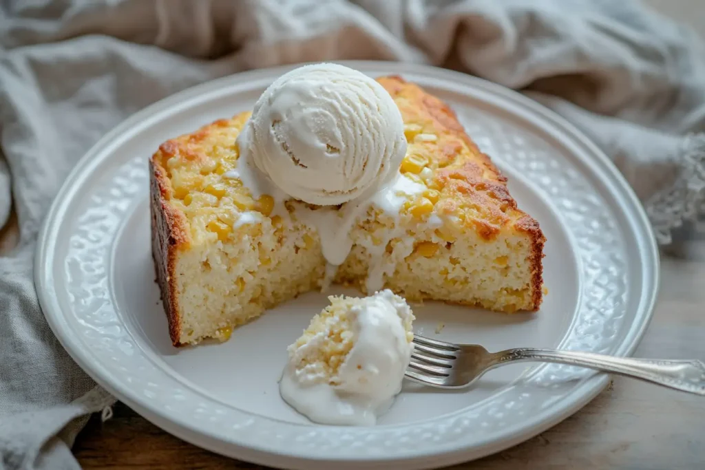 A slice of Corn Bread Pudding topped with vanilla ice cream on a white plate.