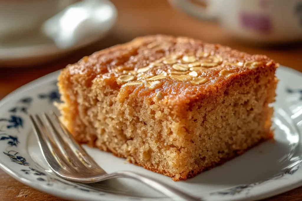 A single slice of oatmeal cake on a plate