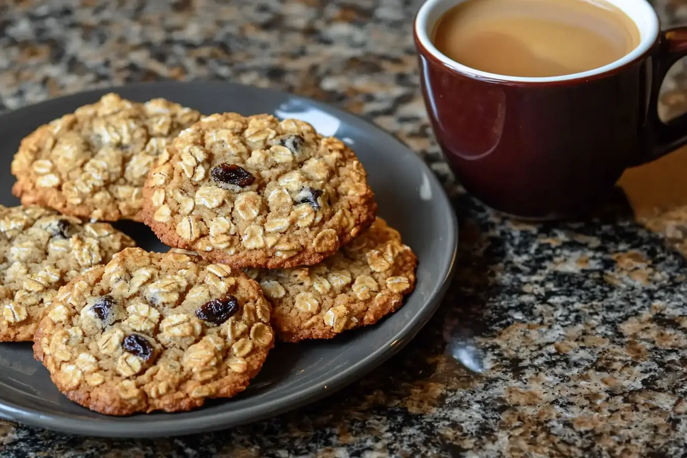 Serving suggestion with quaker oatmeal raisin cookies and warm cup of coffee.