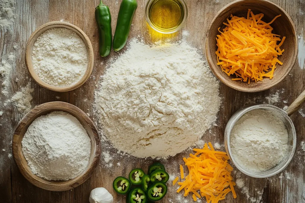 Ingredients for Vegan Jalapeno Cheese Artisan Bread Recipe, including flour, jalapeños, and vegan cheese.