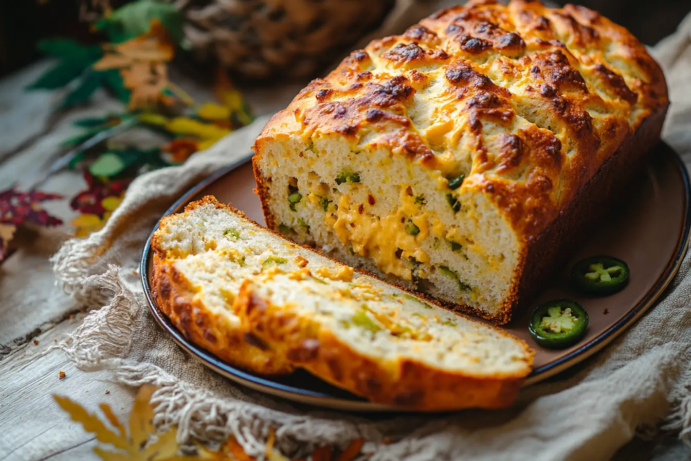 Vegan Jalapeno Cheese Artisan Bread Recipe – freshly baked with a golden crust and cheesy jalapeño filling.