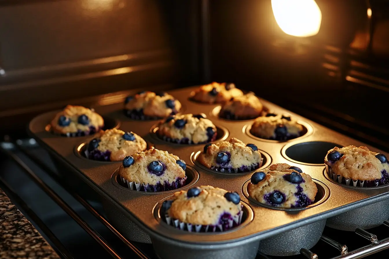 Mini blueberry muffins baking in the oven