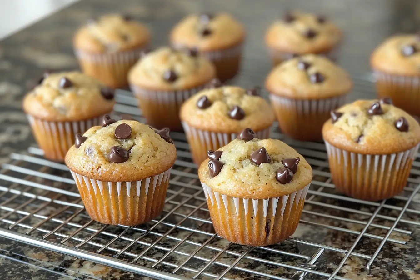 Freshly baked mini chocolate chip muffins cooling.