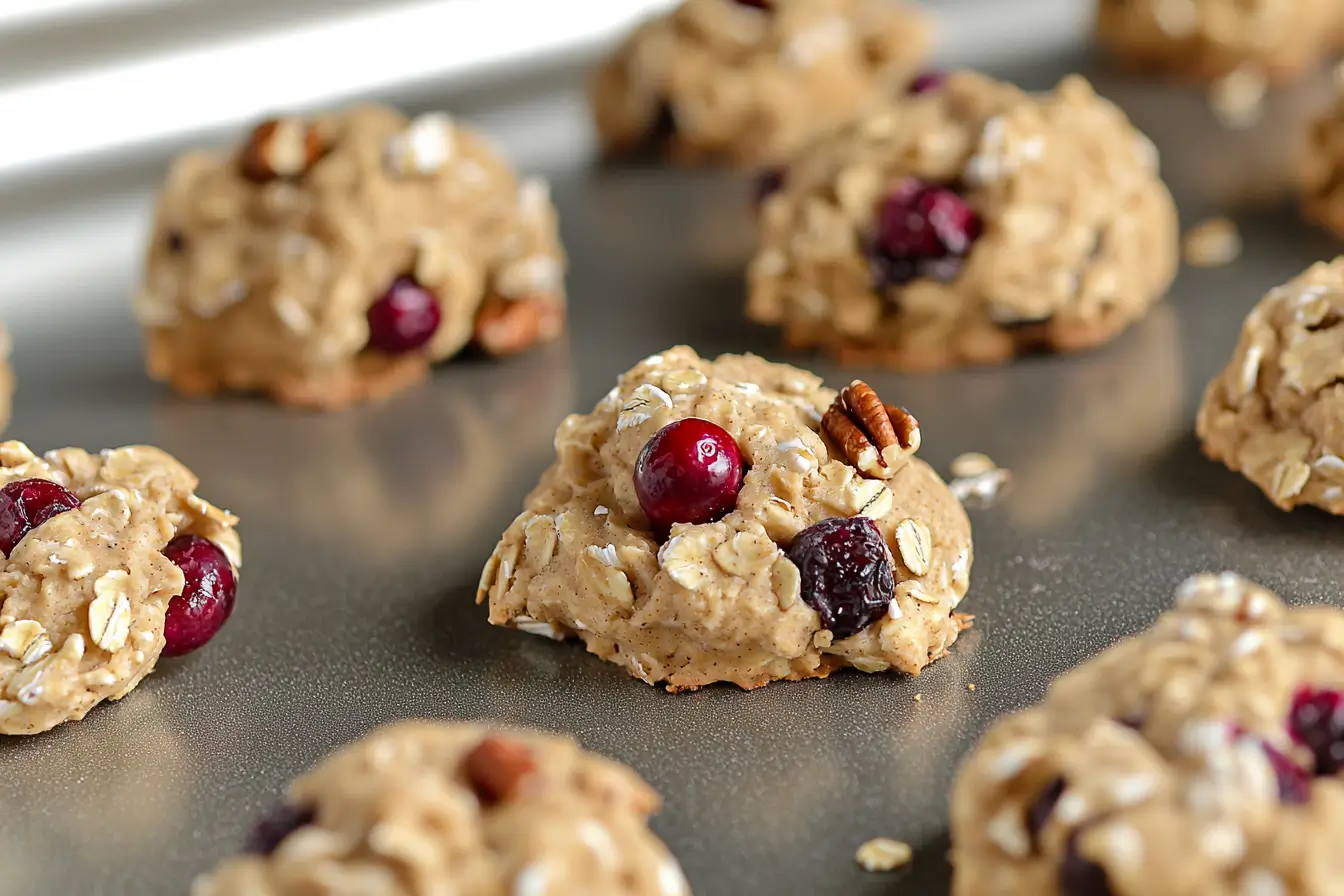 Cranberry oatmeal cookie dough on baking sheet