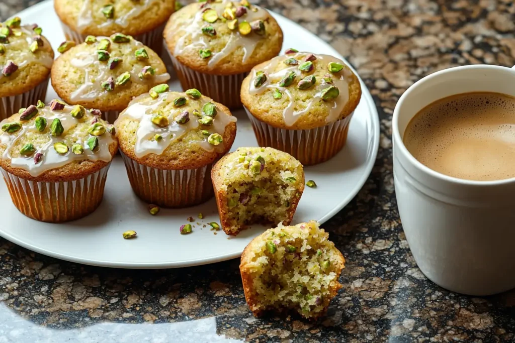 Delicious pistachio muffins with lemon glaze