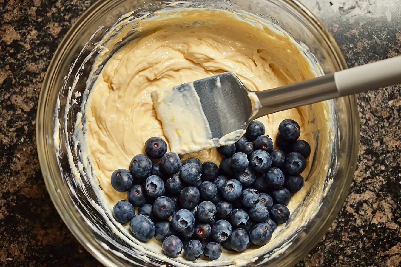 Folding blueberries into lemon cheesecake batter