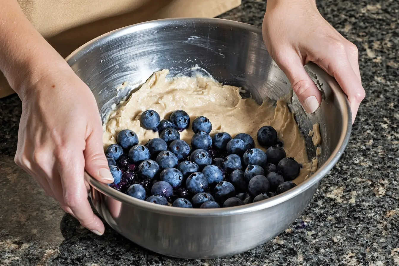 Adding blueberries to the mini muffin batter