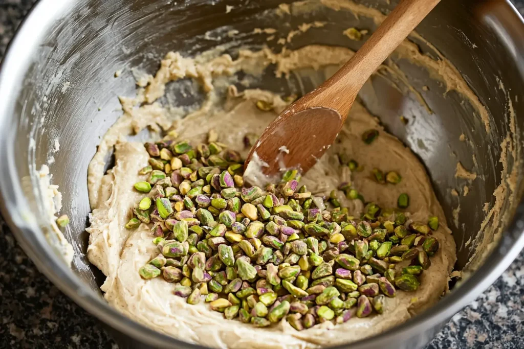 Chopped pistachios being added to muffin batter