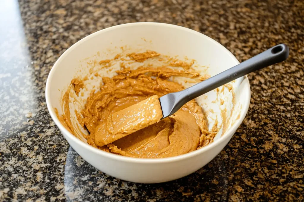 Pumpkin banana muffin batter in a mixing bowl