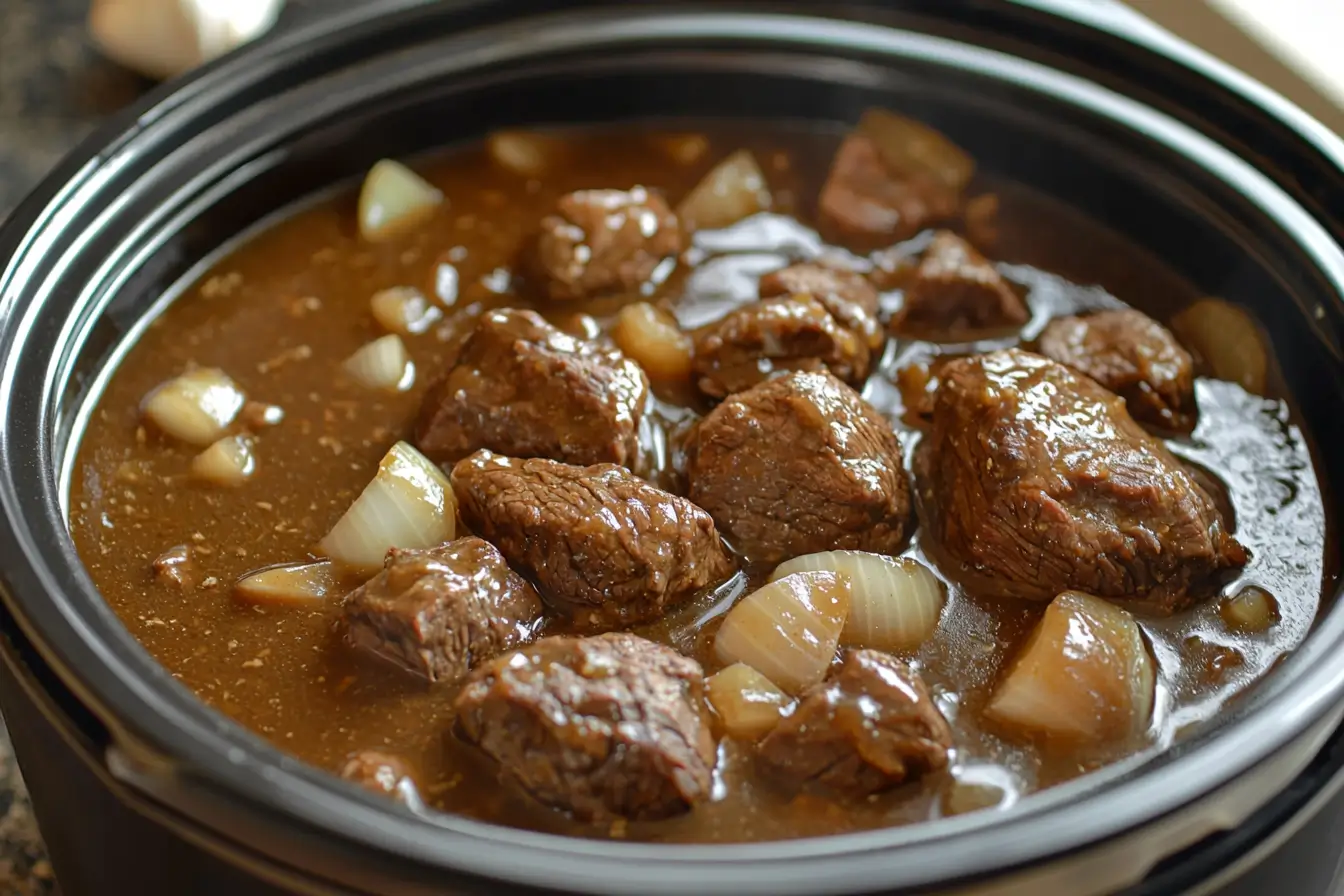 Slow cooker with simmering crockpot beef tips and noodles