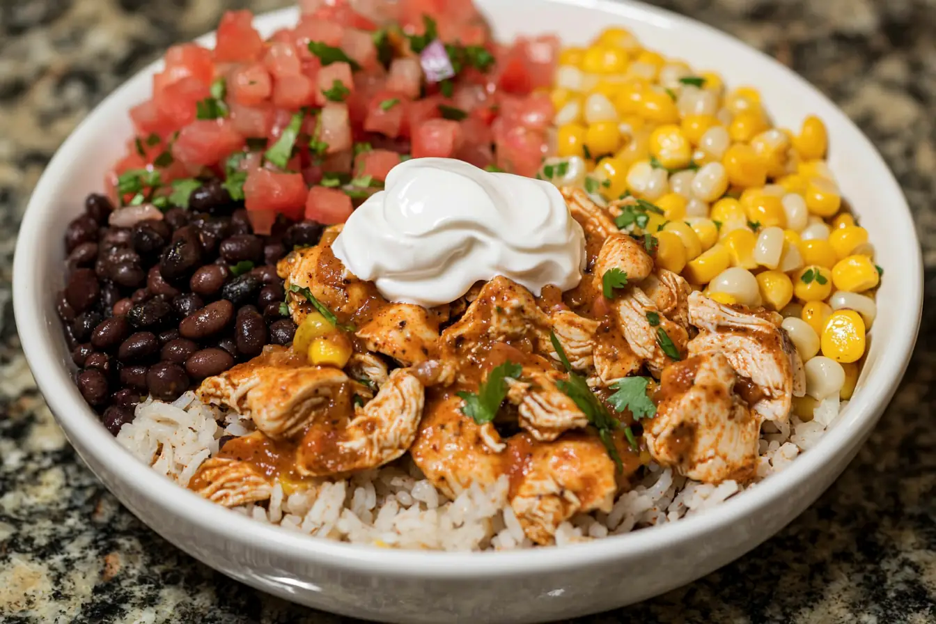 Hearty chipotle chicken recipe rice bowl.