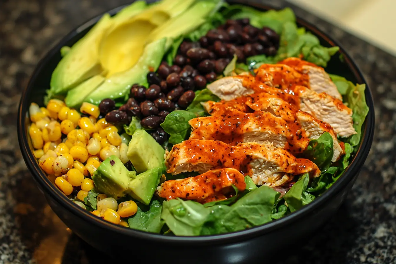 Healthy chipotle chicken recipe salad bowl.